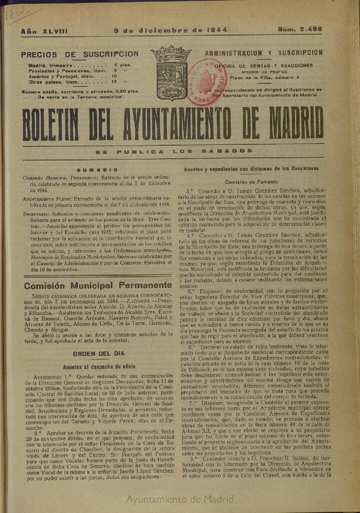 Miniatura de Boletín Oficial del Ayuntamiento de Madrid del 9 de diciembre de 1944, nº 2498