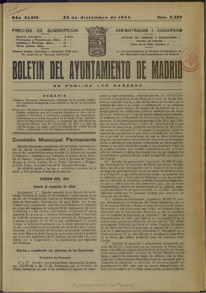 Miniatura de Boletín Oficial del Ayuntamiento de Madrid del 23 de diciembre de 1944, nº 2500