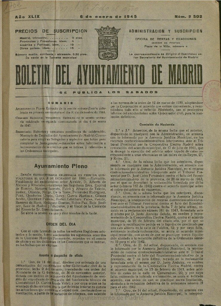 Miniatura de Boletín Oficial del Ayuntamiento de Madrid del 6 de enero de 1945, nº 2502