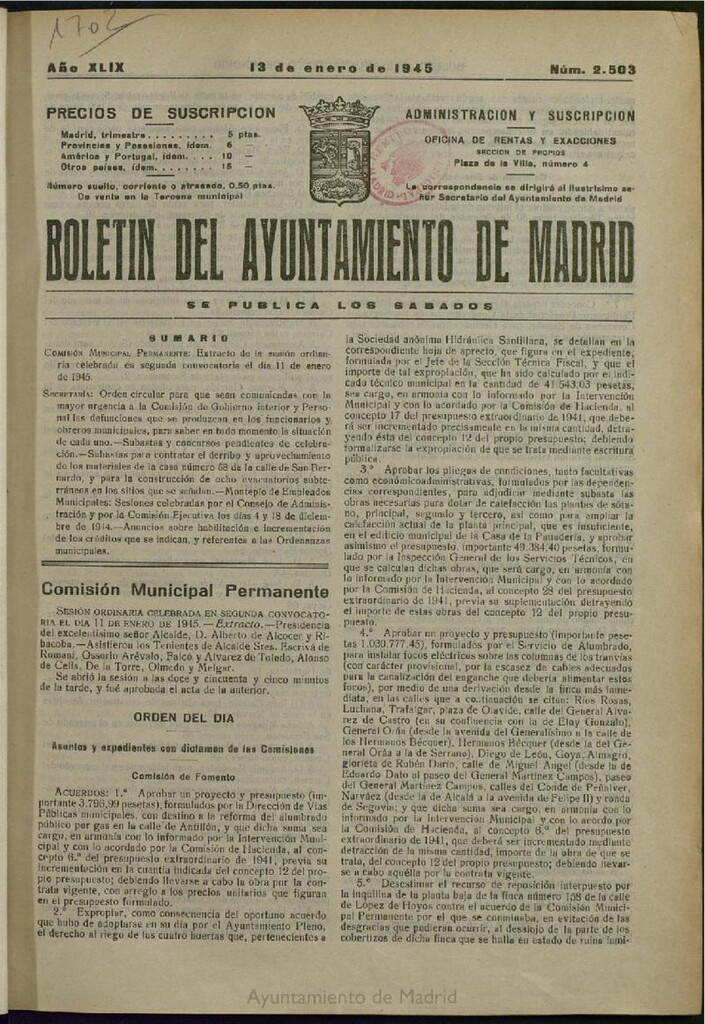 Miniatura de Boletín Oficial del Ayuntamiento de Madrid del 13 de enero de 1945, nº 2503