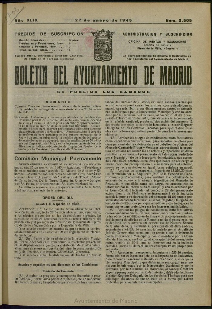 Miniatura de Boletín Oficial del Ayuntamiento de Madrid del 27 de enero de 1945, nº 2505