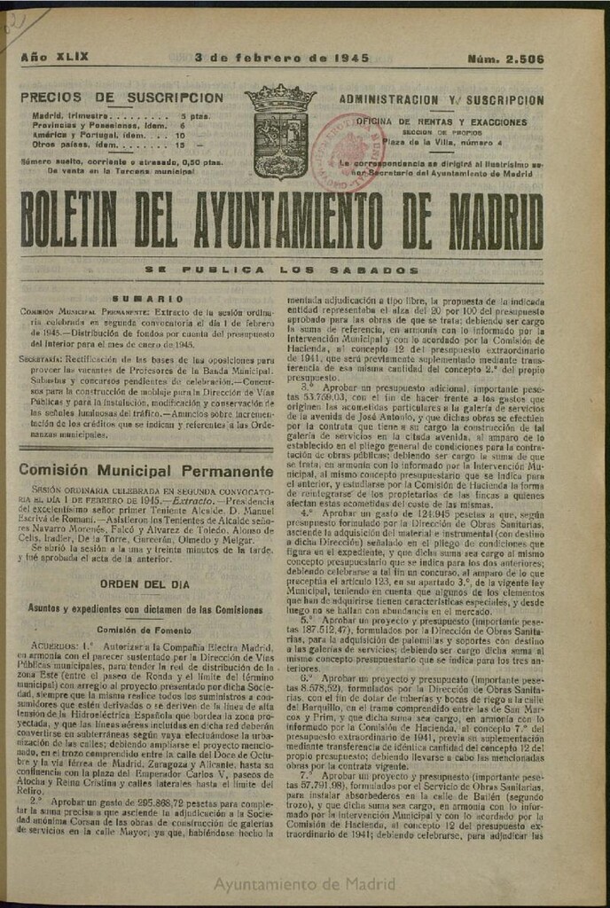 Miniatura de Boletín Oficial del Ayuntamiento de Madrid del 3 de febrero de 1945, nº 2506
