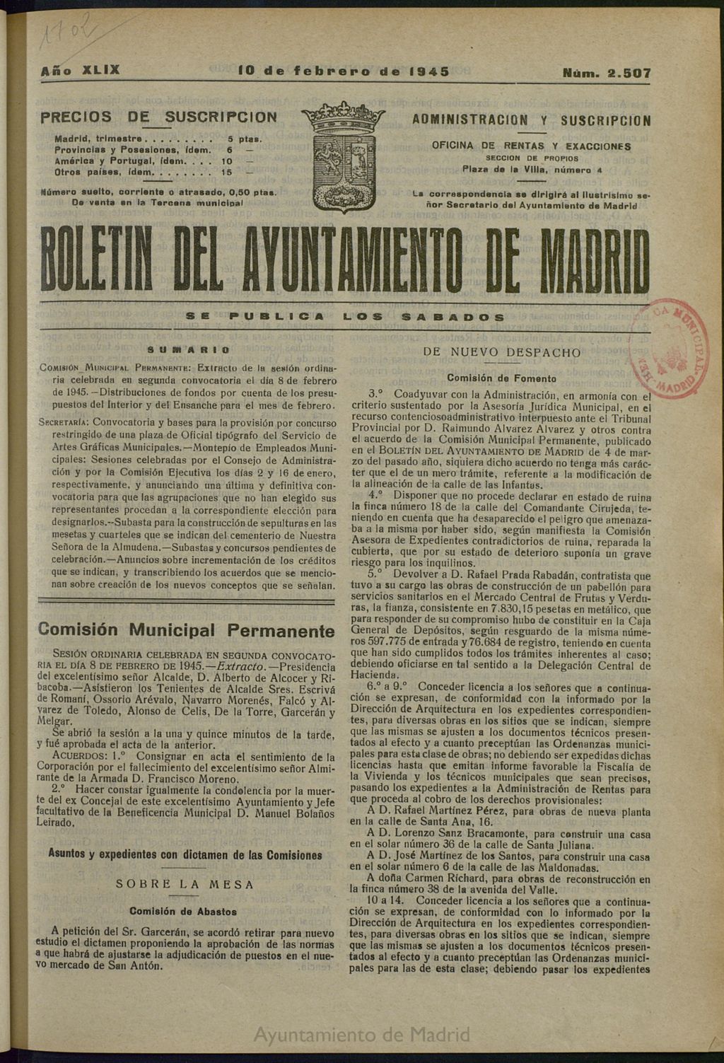Miniatura de Boletín Oficial del Ayuntamiento de Madrid del 10 de febrero de 1945, nº 2507