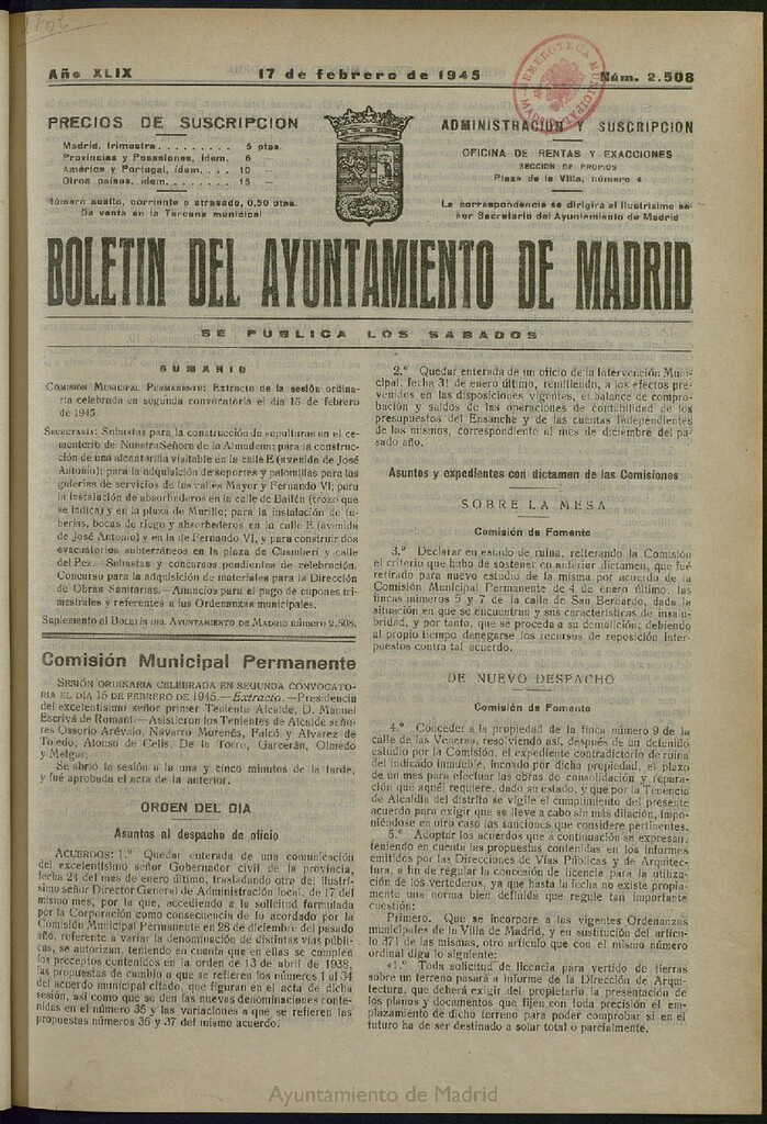 Miniatura de Boletín Oficial del Ayuntamiento de Madrid del 17 de febrero de 1945, nº 2508