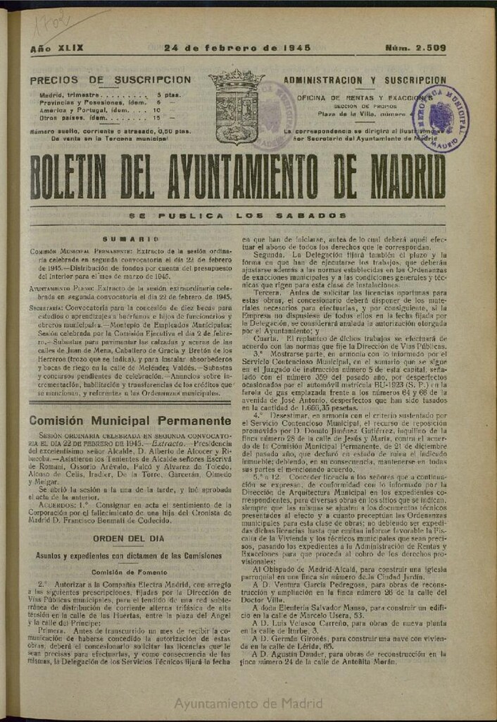 Miniatura de Boletín Oficial del Ayuntamiento de Madrid del 24 de febrero de 1945, nº 2509