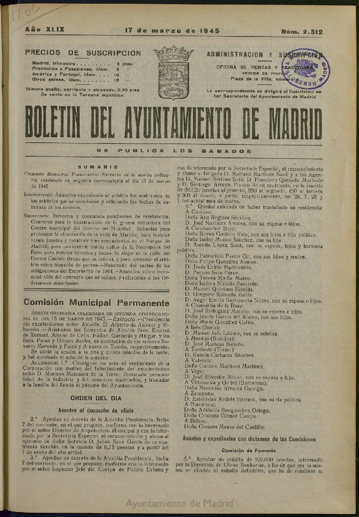 Miniatura de Boletín Oficial del Ayuntamiento de Madrid del 17 de marzo de 1945, nº 2512