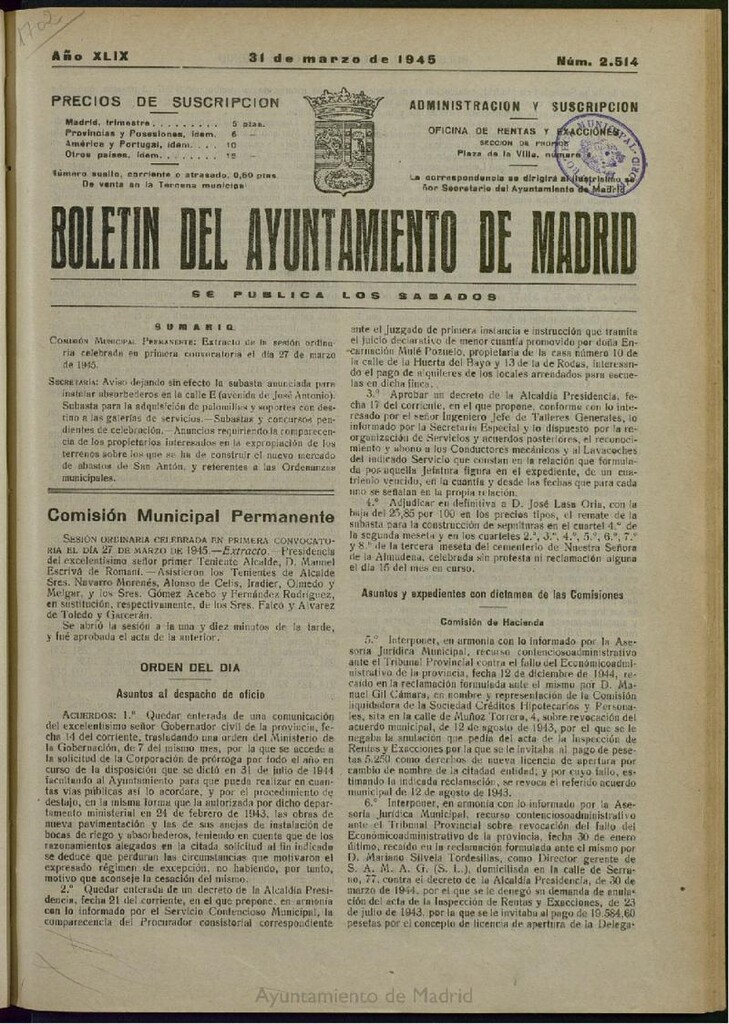 Miniatura de Boletín Oficial del Ayuntamiento de Madrid del 31 de marzo de 1945, nº 2514