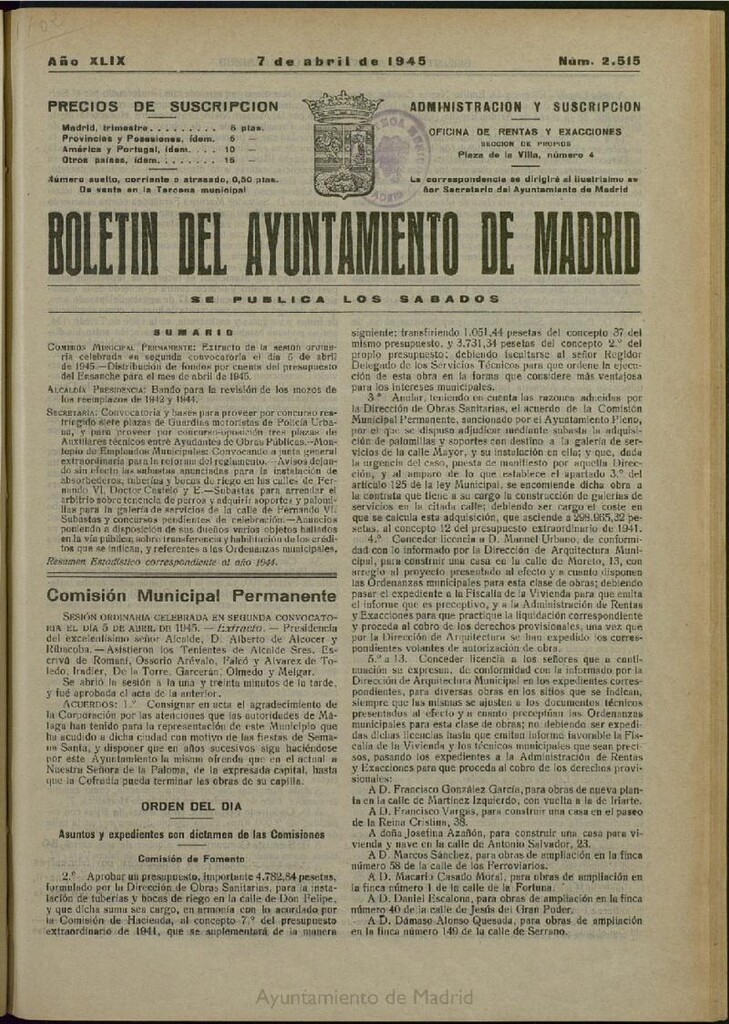 Miniatura de Boletín Oficial del Ayuntamiento de Madrid del 7 de abril de 1945, nº 2515