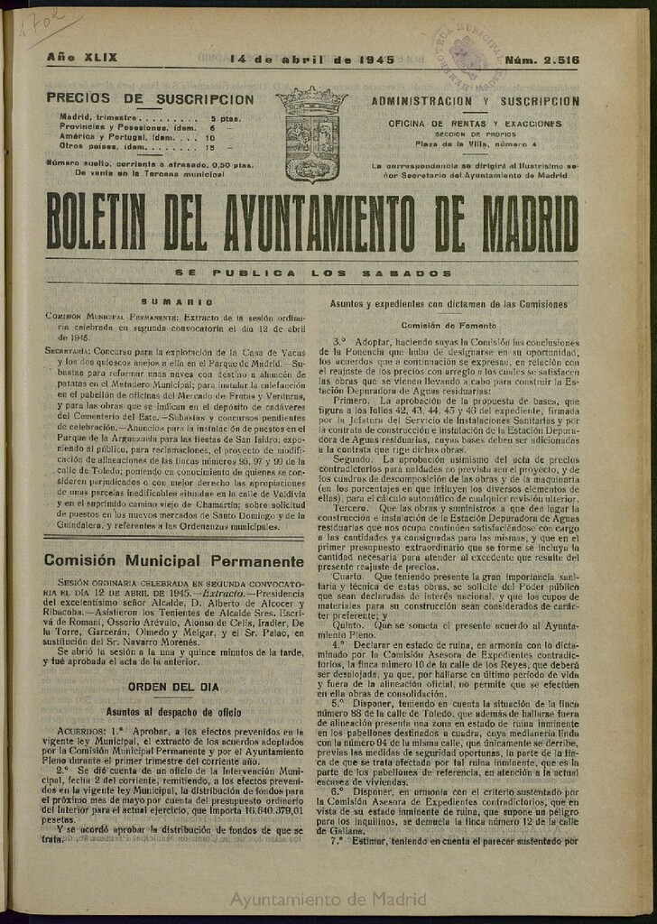 Miniatura de Boletín Oficial del Ayuntamiento de Madrid del 14 de abril de 1945, nº 2516
