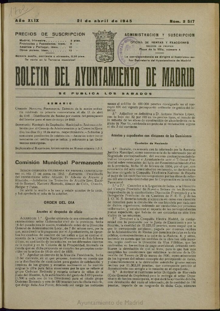 Miniatura de Boletín Oficial del Ayuntamiento de Madrid del 21 de abril de 1945, nº 2517