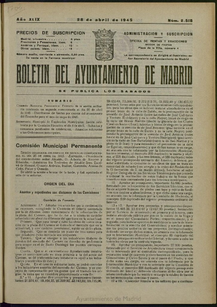 Miniatura de Boletín Oficial del Ayuntamiento de Madrid del 28 de abril de 1945, nº 2518
