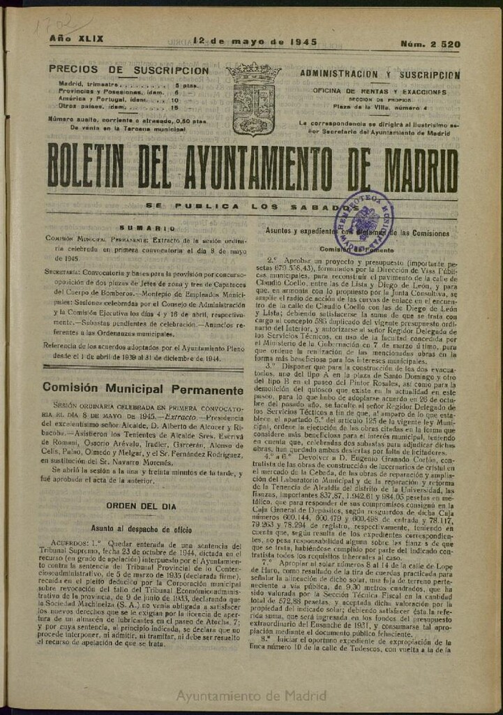 Miniatura de Boletín Oficial del Ayuntamiento de Madrid del 12 de mayo de 1945, nº 2520
