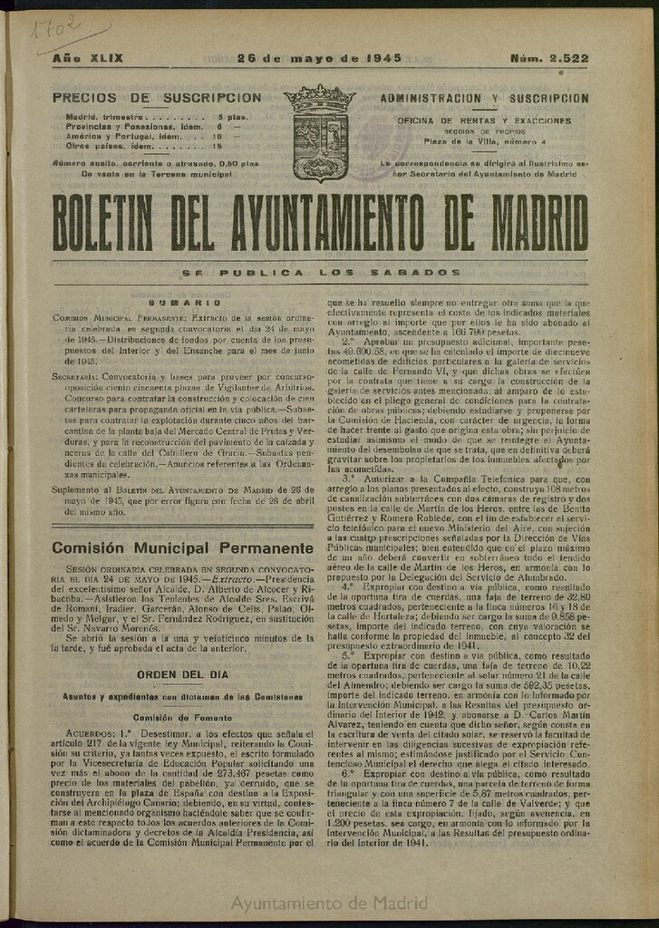 Miniatura de Boletín Oficial del Ayuntamiento de Madrid del 26 de mayo de 1945, nº 2522
