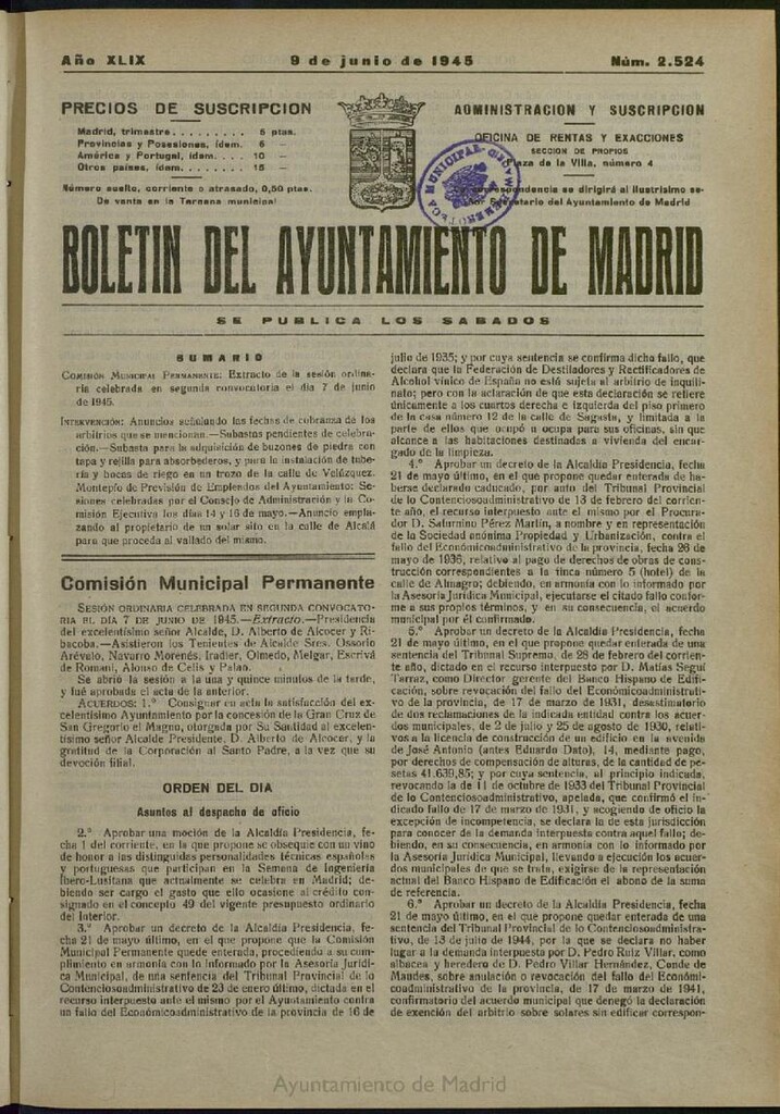 Miniatura de Boletín Oficial del Ayuntamiento de Madrid del 9 de junio de 1945, nº 2524