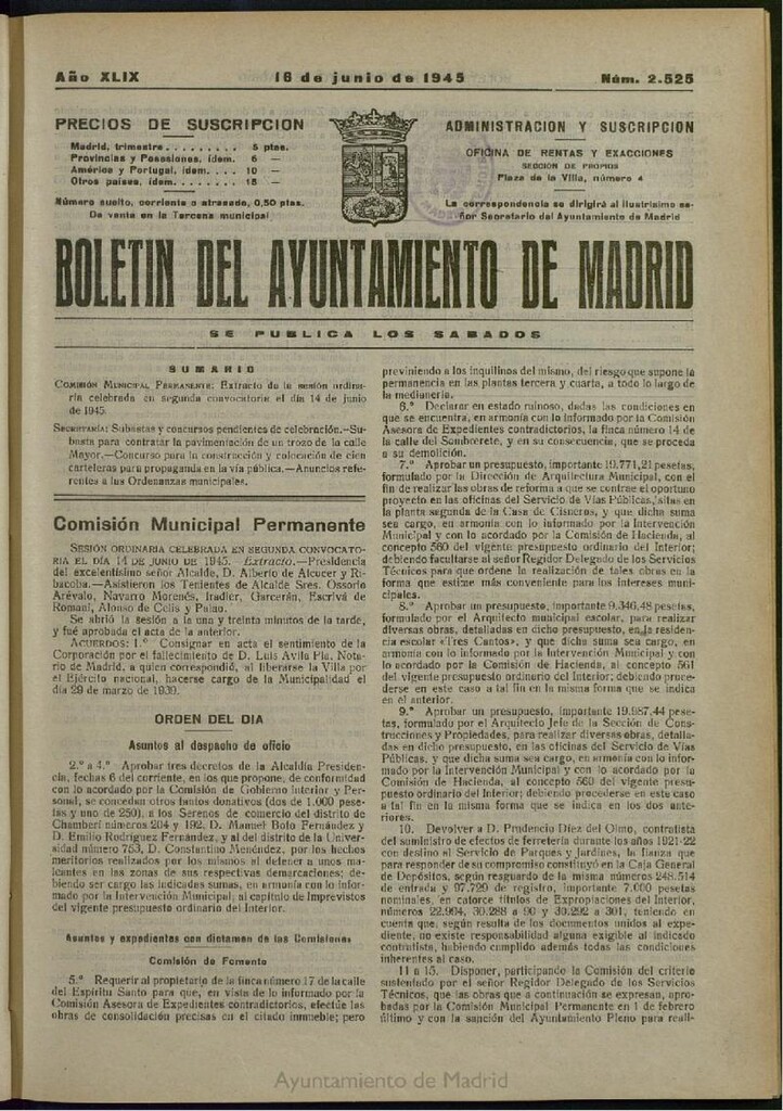 Miniatura de Boletín Oficial del Ayuntamiento de Madrid del 16 de junio de 1945, nº 2525