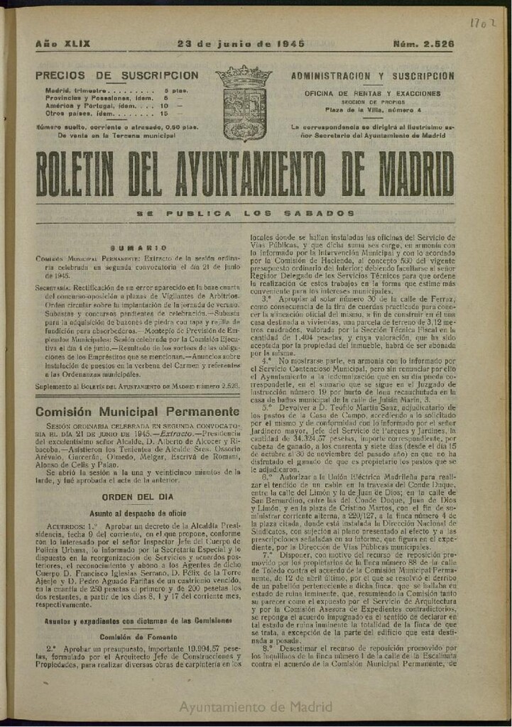 Miniatura de Boletín Oficial del Ayuntamiento de Madrid del 23 de junio de 1945, nº 2526