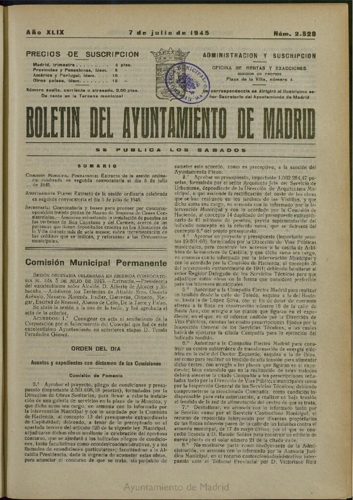 Miniatura de Boletín Oficial del Ayuntamiento de Madrid del 7 de julio de 1945, nº 2528