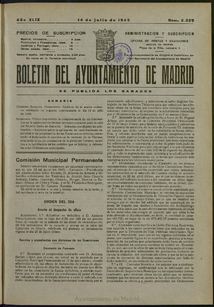 Miniatura de Boletín Oficial del Ayuntamiento de Madrid del 14 de julio de 1945, nº 2529