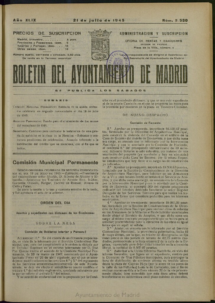 Miniatura de Boletín Oficial del Ayuntamiento de Madrid del 21 de julio de 1945, nº 2530