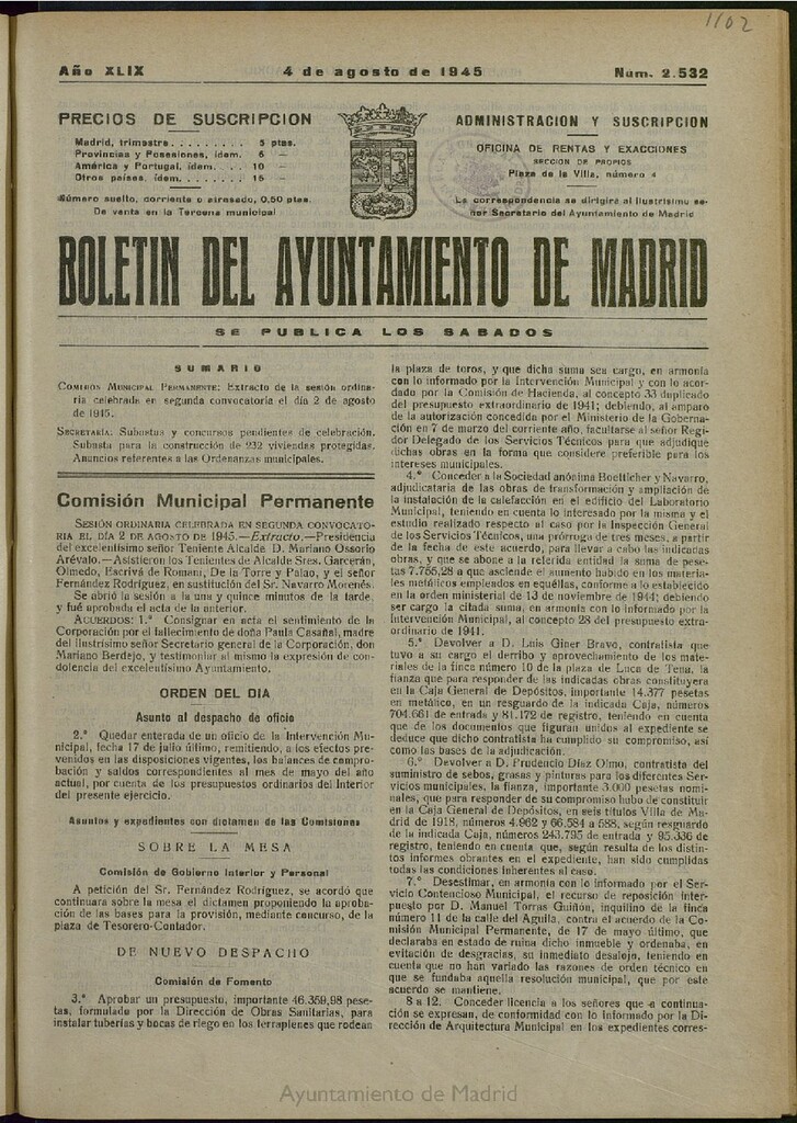 Miniatura de Boletín Oficial del Ayuntamiento de Madrid del 4 de agosto de 1945, nº 2532