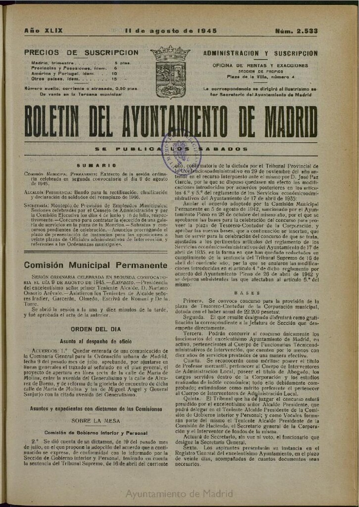 Miniatura de Boletín Oficial del Ayuntamiento de Madrid del 11 de agosto de 1945, nº 2533