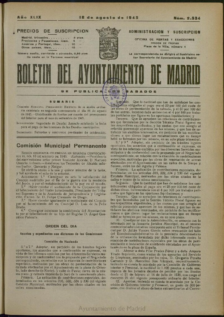 Miniatura de Boletín Oficial del Ayuntamiento de Madrid del 18 de agosto de 1945, nº 2534