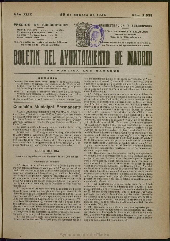 Miniatura de Boletín Oficial del Ayuntamiento de Madrid del 25 de agosto de 1945, nº 2535
