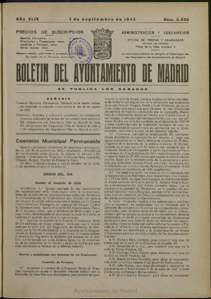 Miniatura de Boletín Oficial del Ayuntamiento de Madrid del 1 de septiembre de 1945, nº 2536