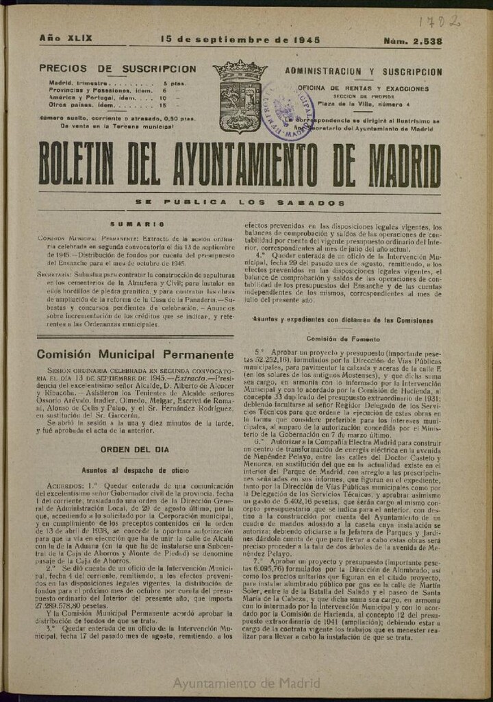 Miniatura de Boletín Oficial del Ayuntamiento de Madrid del 15 de septiembre de 1945, nº 2538