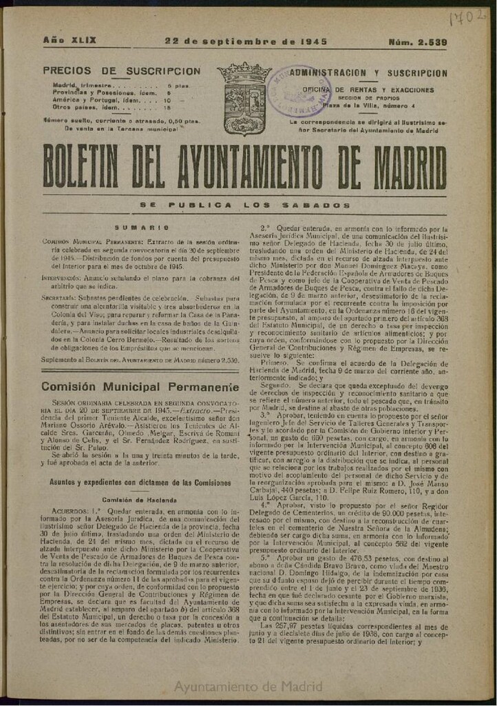Miniatura de Boletín Oficial del Ayuntamiento de Madrid del 22 de septiembre de 1945, nº 2539