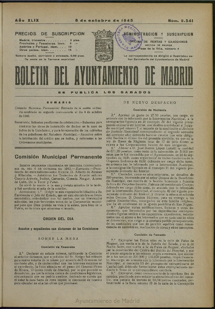 Miniatura de Boletín Oficial del Ayuntamiento de Madrid del 6 de octubre de 1945, nº 2541