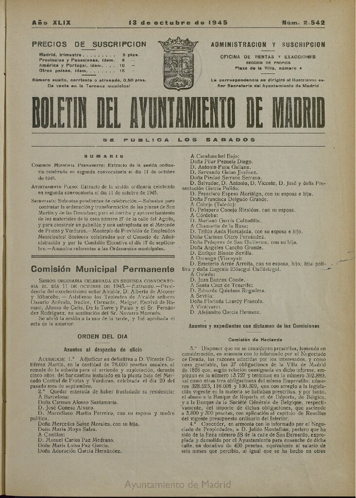 Miniatura de Boletín Oficial del Ayuntamiento de Madrid del 13 de octubre de 1945, nº 2542