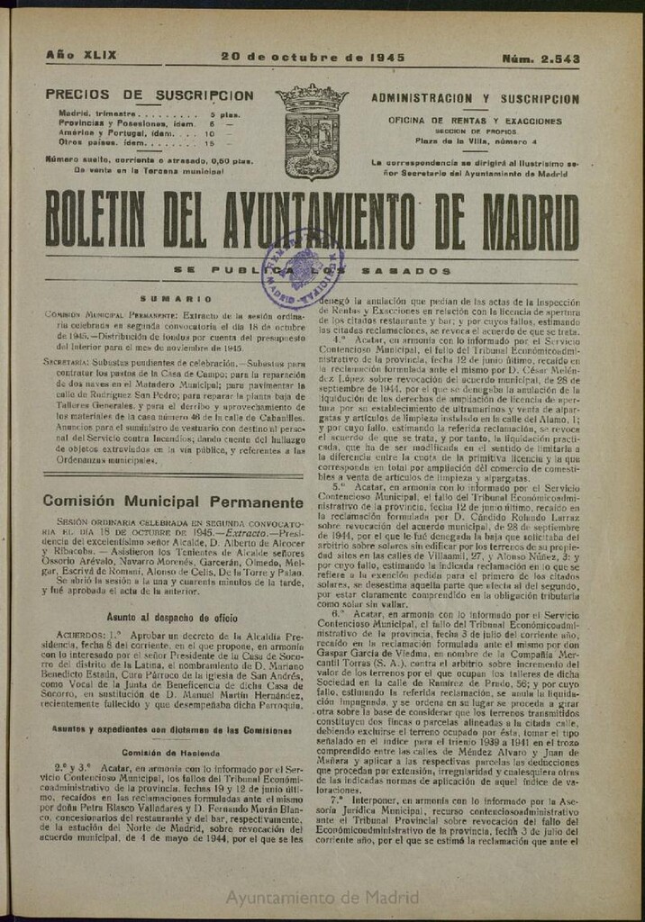 Miniatura de Boletín Oficial del Ayuntamiento de Madrid del 20 de octubre de 1945, nº 2543