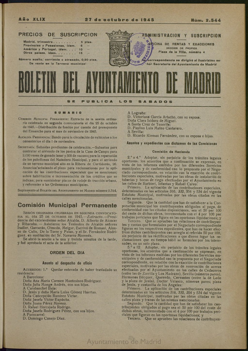 Miniatura de Boletín Oficial del Ayuntamiento de Madrid del 27 de octubre de 1945, nº 2544