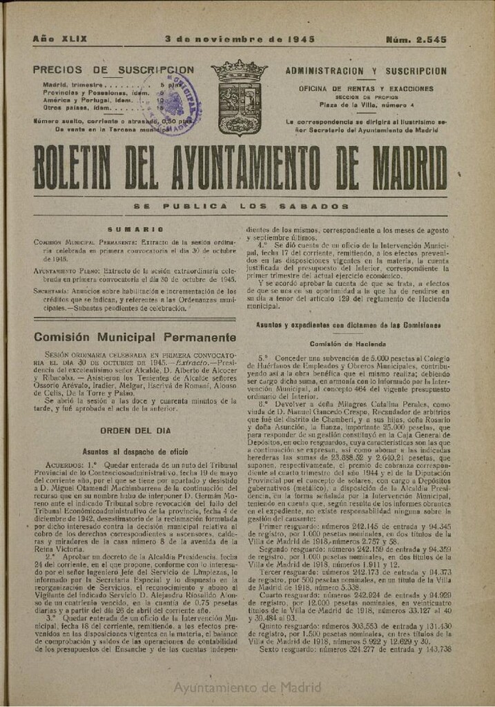 Miniatura de Boletín Oficial del Ayuntamiento de Madrid del 3 de noviembre de 1945, nº 2545