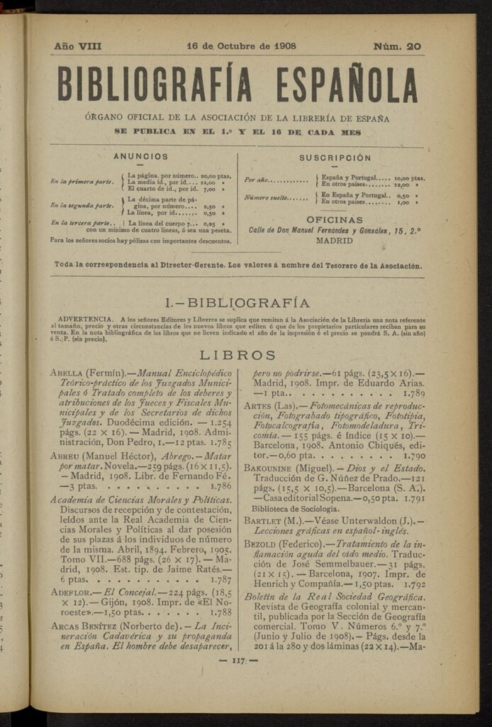 Miniatura de Bibliografía Española del 16 de octubre de 1908