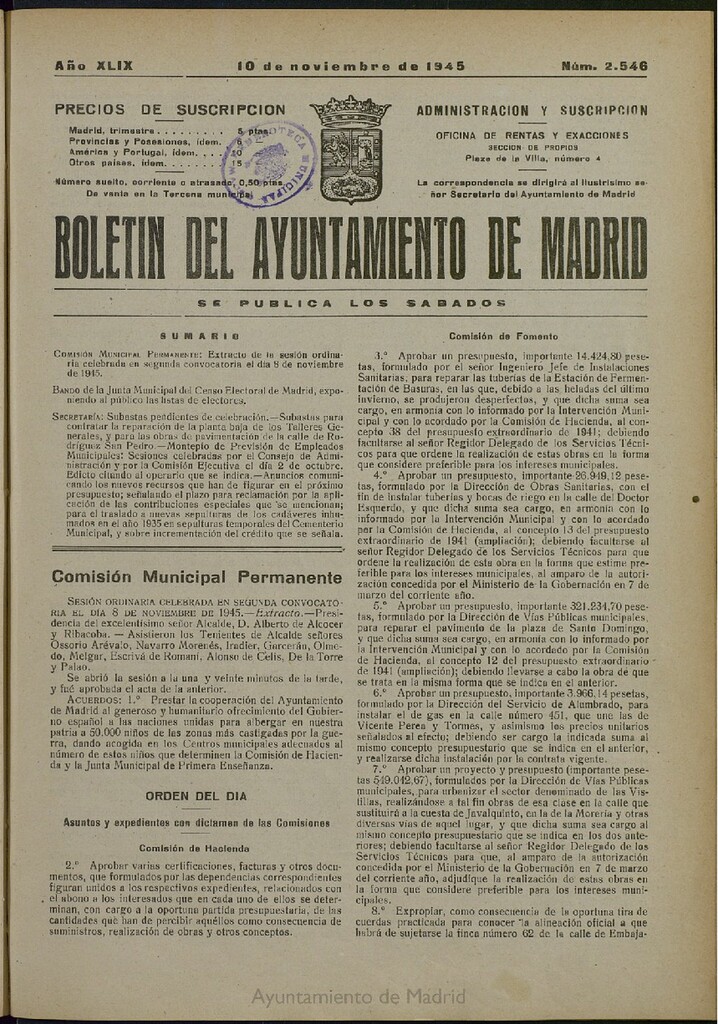 Miniatura de Boletín Oficial del Ayuntamiento de Madrid del 10 de noviembre de 1945, nº 2546