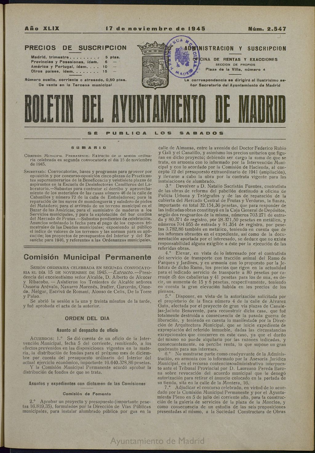 Miniatura de Boletín Oficial del Ayuntamiento de Madrid del 17 de noviembre de 1945, nº 2547