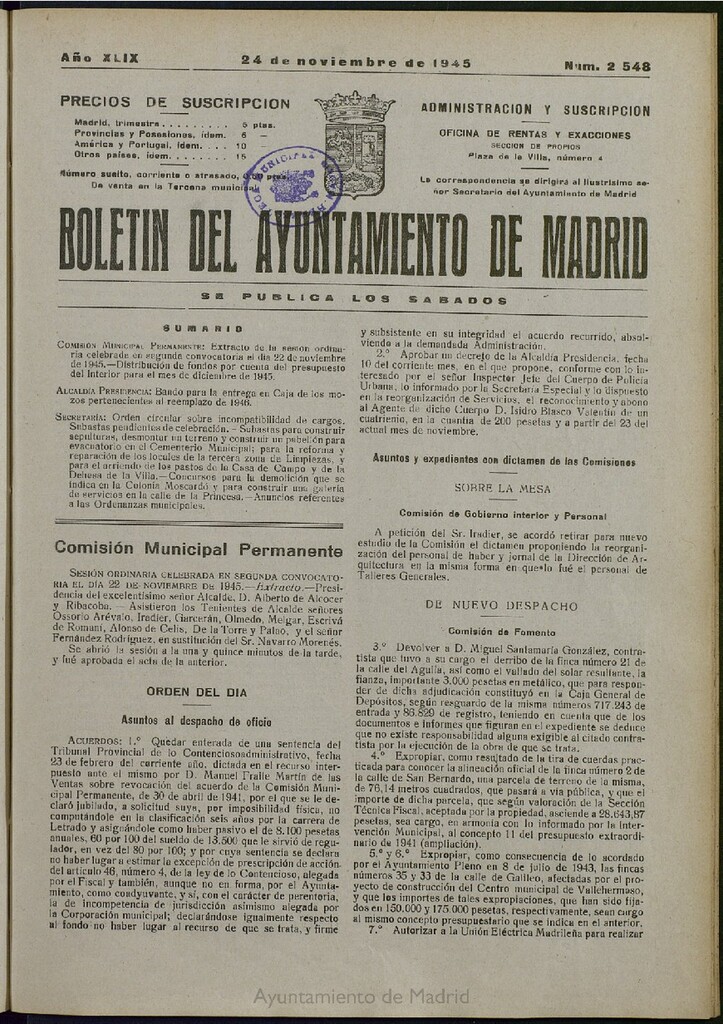 Miniatura de Boletín Oficial del Ayuntamiento de Madrid del 24 de noviembre de 1945, nº 2548