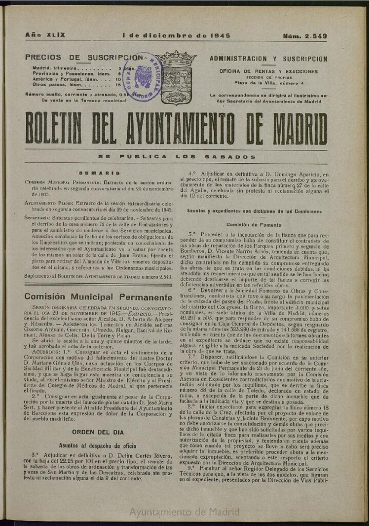 Miniatura de Boletín Oficial del Ayuntamiento de Madrid del 1 de diciembre de 1945, nº 2549