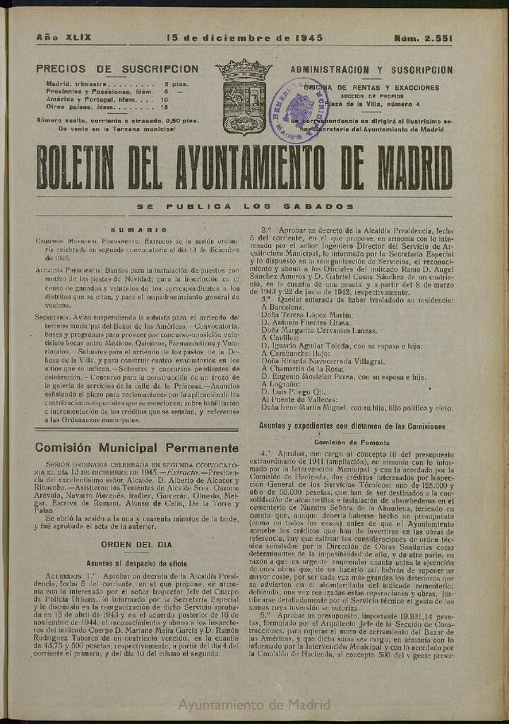 Miniatura de Boletín Oficial del Ayuntamiento de Madrid del 15 de diciembre de 1945, nº 2551