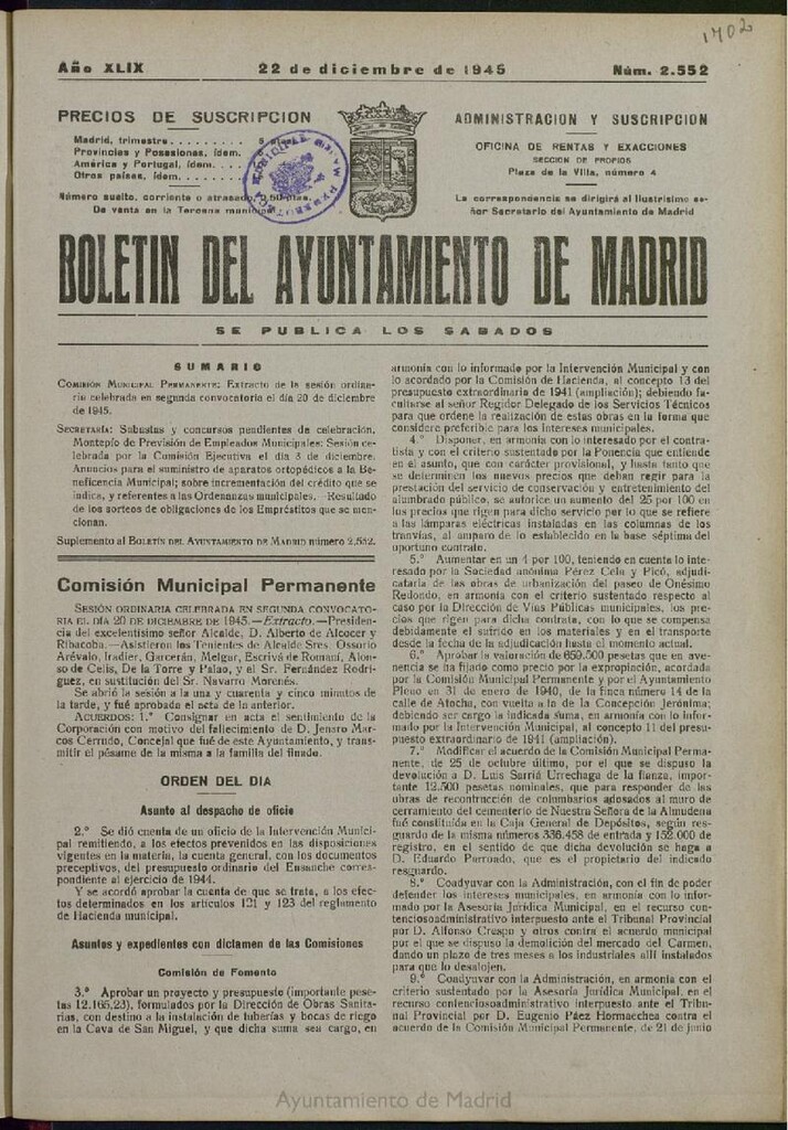 Miniatura de Boletín Oficial del Ayuntamiento de Madrid del 22 de diciembre de 1945, nº 2552