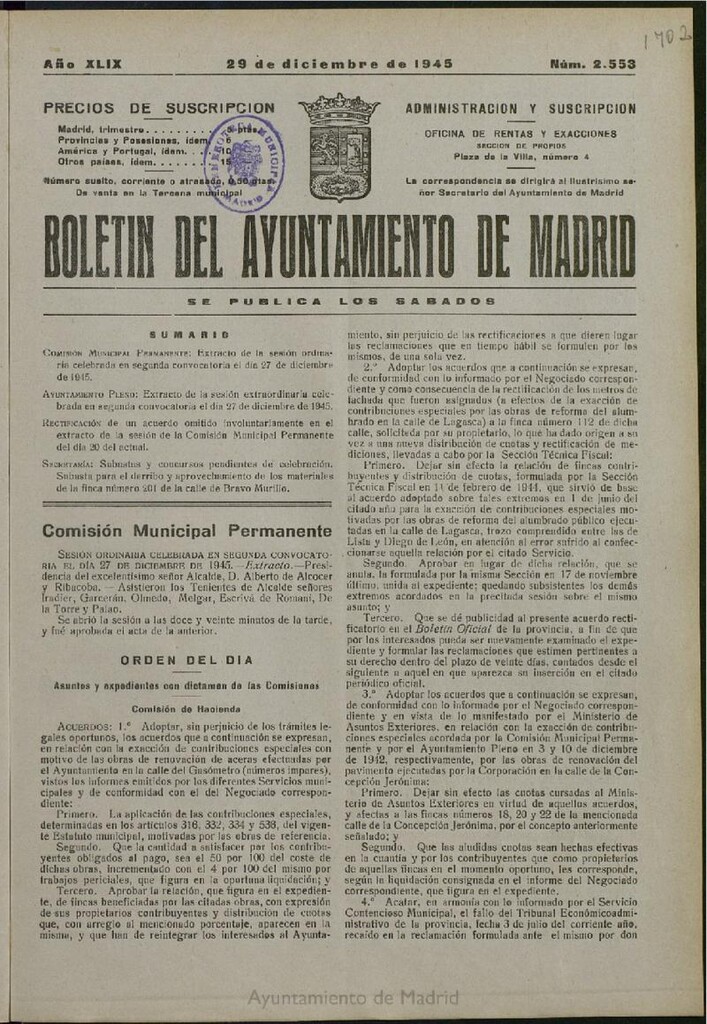 Miniatura de Boletín Oficial del Ayuntamiento de Madrid del 29 de diciembre de 1945, nº 2553