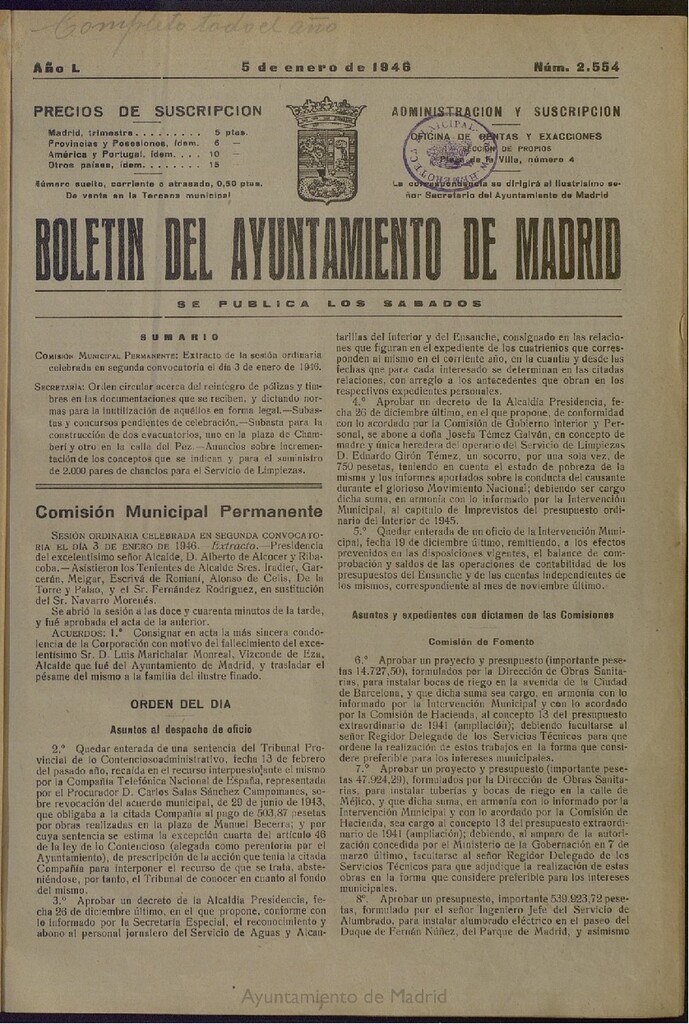Miniatura de Boletín Oficial del Ayuntamiento de Madrid del 5 de enero de 1946, nº 2554