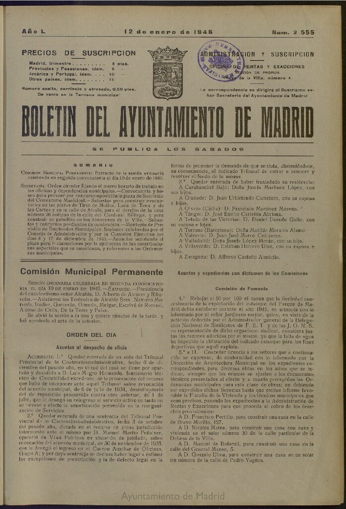 Miniatura de Boletín Oficial del Ayuntamiento de Madrid del 12 de enero de 1946, nº 2555