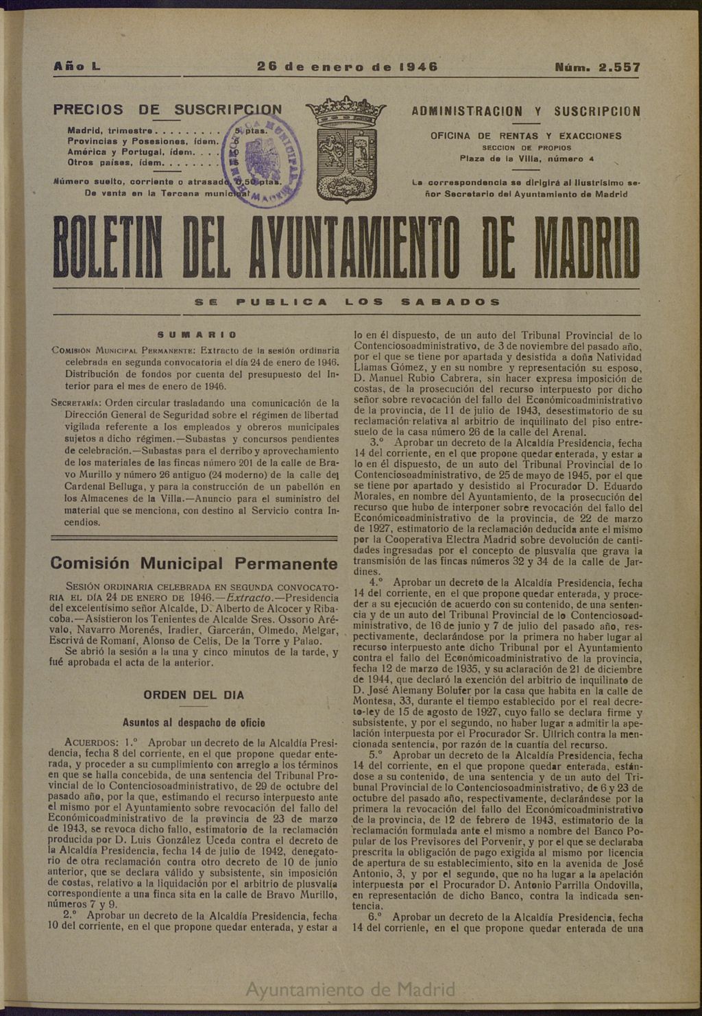 Miniatura de Boletín Oficial del Ayuntamiento de Madrid del 26 de enero de 1946, nº 2557