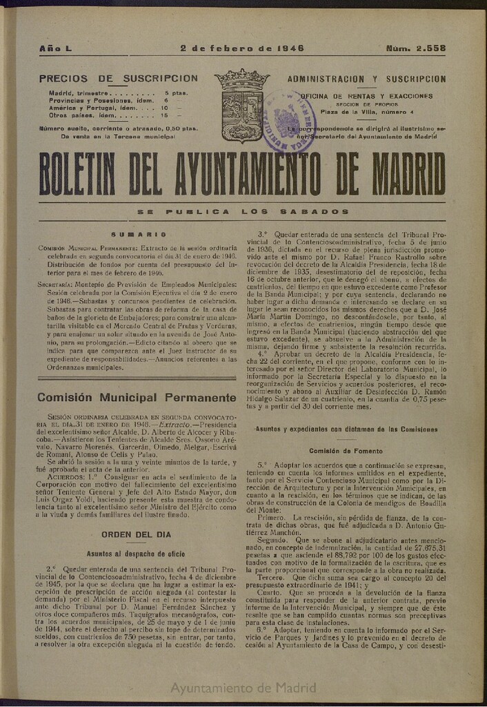 Miniatura de Boletín Oficial del Ayuntamiento de Madrid del 2 de febrero de 1946, nº 2558