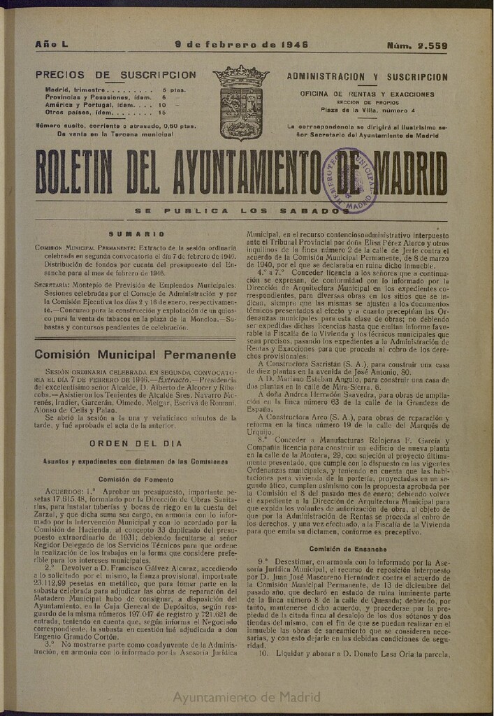 Miniatura de Boletín Oficial del Ayuntamiento de Madrid del 9 de febrero de 1946, nº 2559