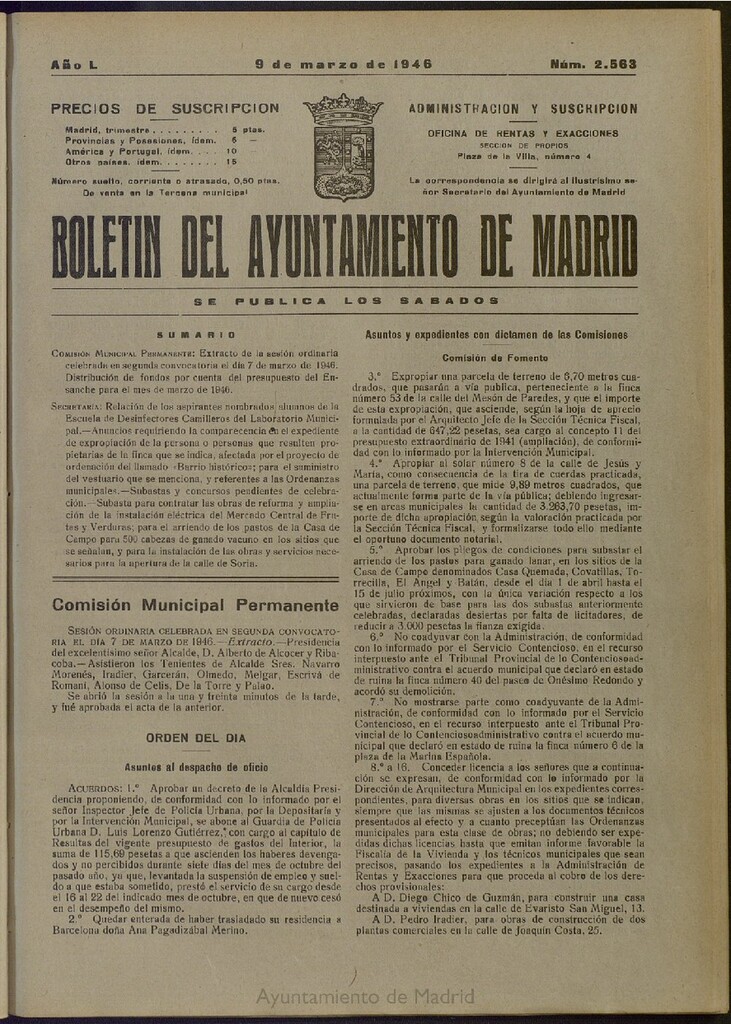 Miniatura de Boletín Oficial del Ayuntamiento de Madrid del 9 de marzo de 1946, nº 2563