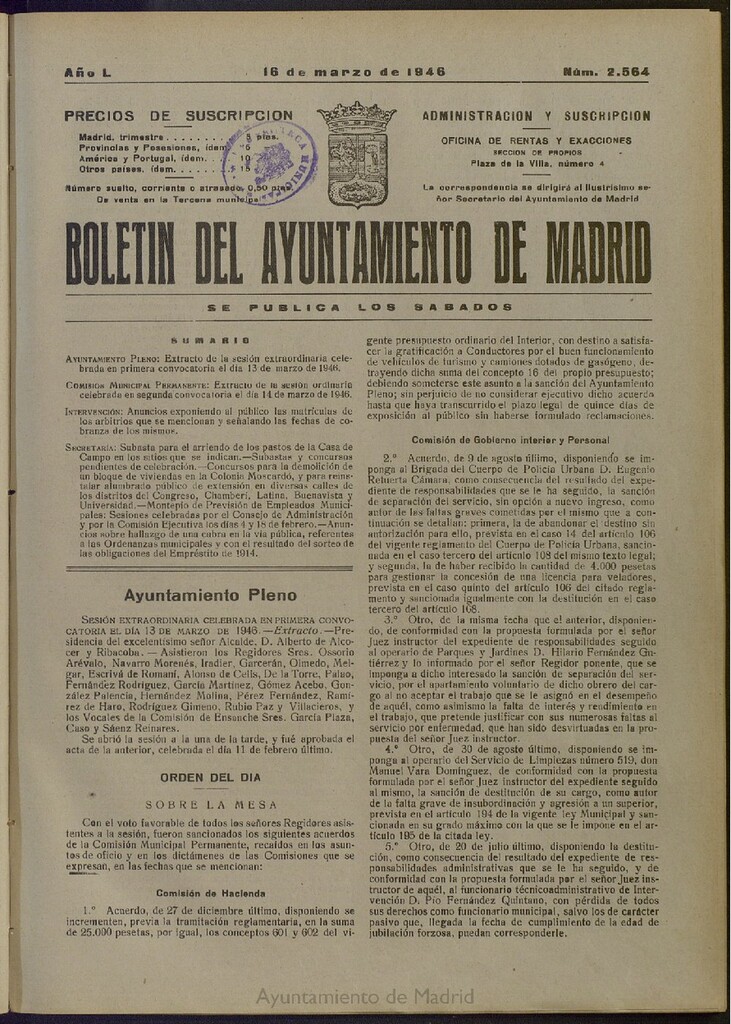 Miniatura de Boletín Oficial del Ayuntamiento de Madrid del 16 de marzo de 1946, nº 2564